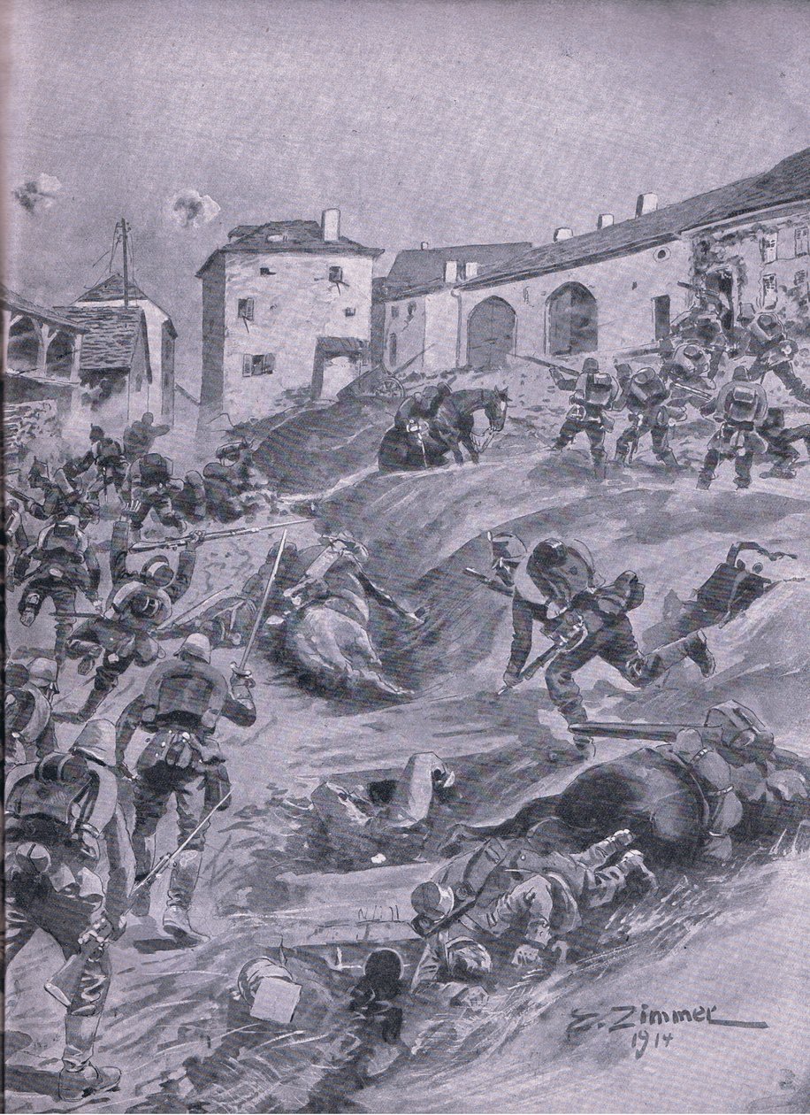 Aschaffenberg 2. bavorský lovecký prapor v Lagarde srpen 1914, z hospody Ilustrovaná historie světové války 1914-1915. od Union Berlagsefellfchaft od Emil (after) Limmer