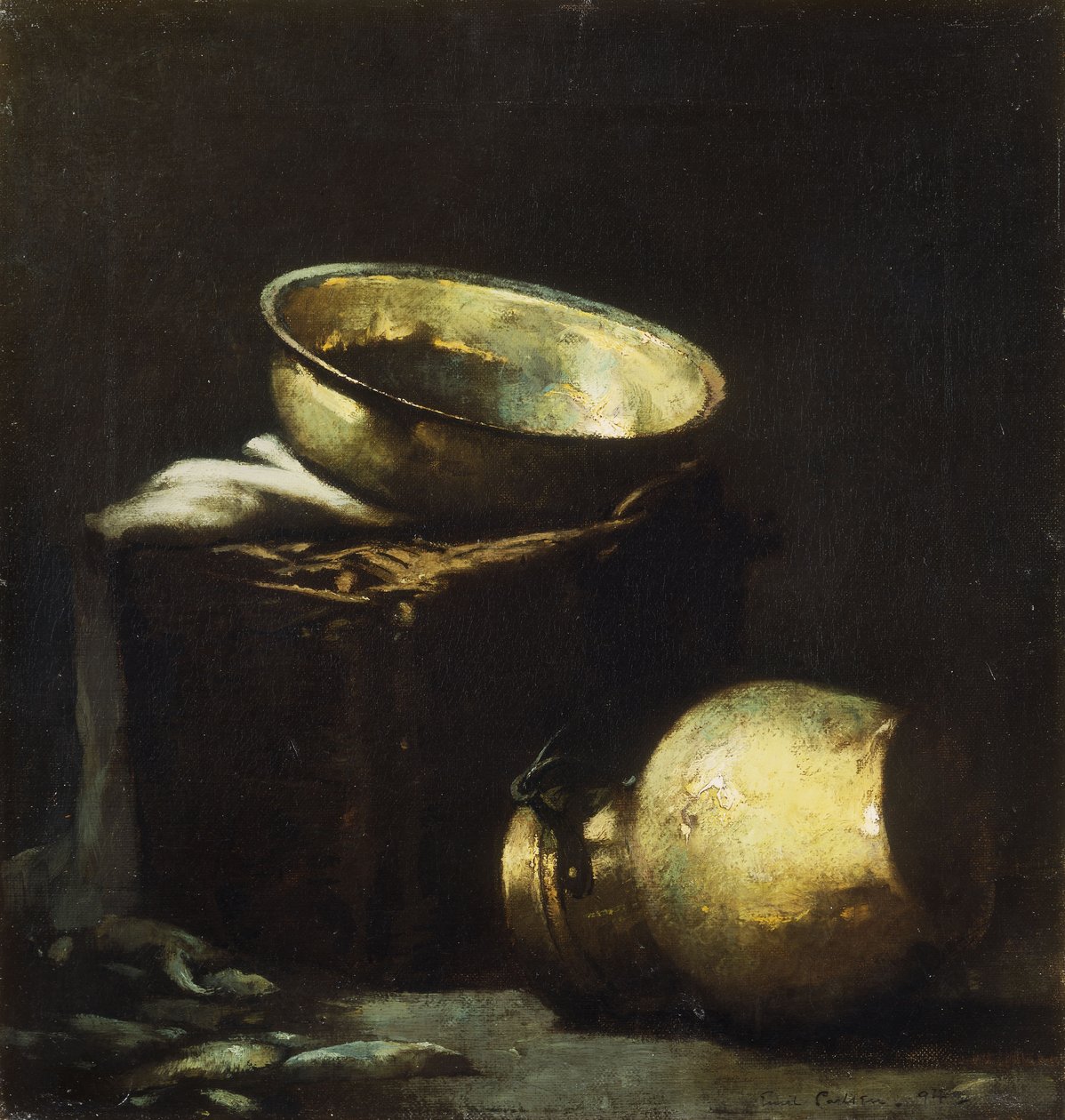 Zátiší s měděnými hrnci a černou rybou od Emil Carlsen