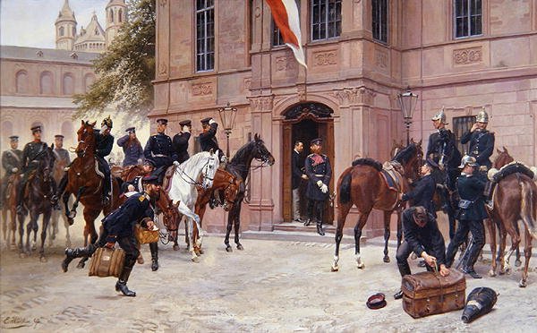 Korunní princ Ludwig IV z Hesse-Darmstadtu se loučí s Corneliem Heylem před Schlosschenem ve Wormsu, když odjíždí do bitvy u Sedanu v roce 1870 (olej na plátně) od Emil Huenten