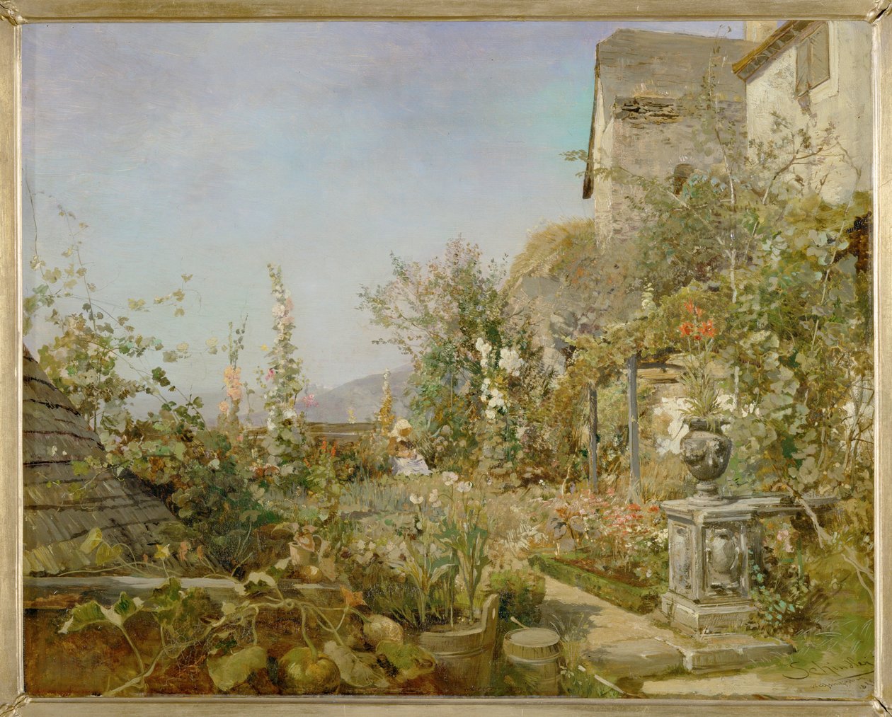 Blumengarten in Weissenkirchen - Zahrada s květinami ve Weissenkirchenu ... (olej na dřevě) od Emil Jakob Schindler