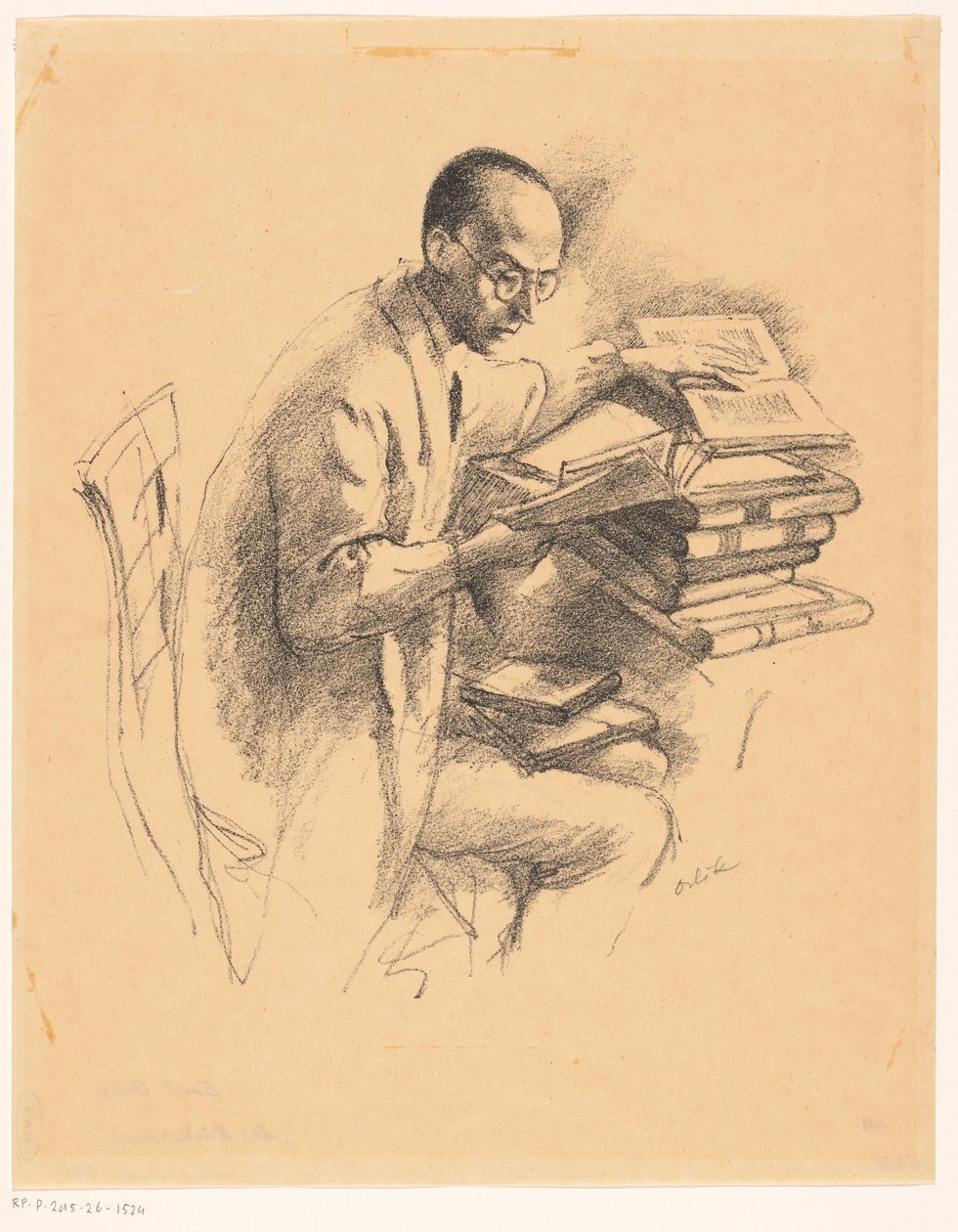 Muž za stolem plným knih od Emil Orlik (signed by artist)
