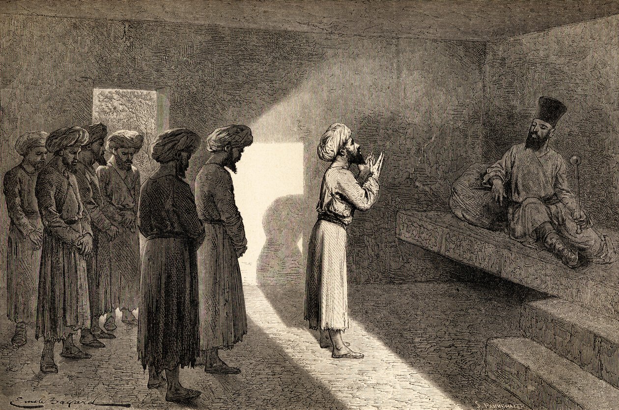 Arminio Vambery obdržel při audienci chána z Chivy, Uzbekistán, Střední Asie, během svých cest tam v roce 1863, ilustrace ze „Světa v rukou“, vyrytý Stephanem Pannemakerem (1847 od Emile Antoine Bayard