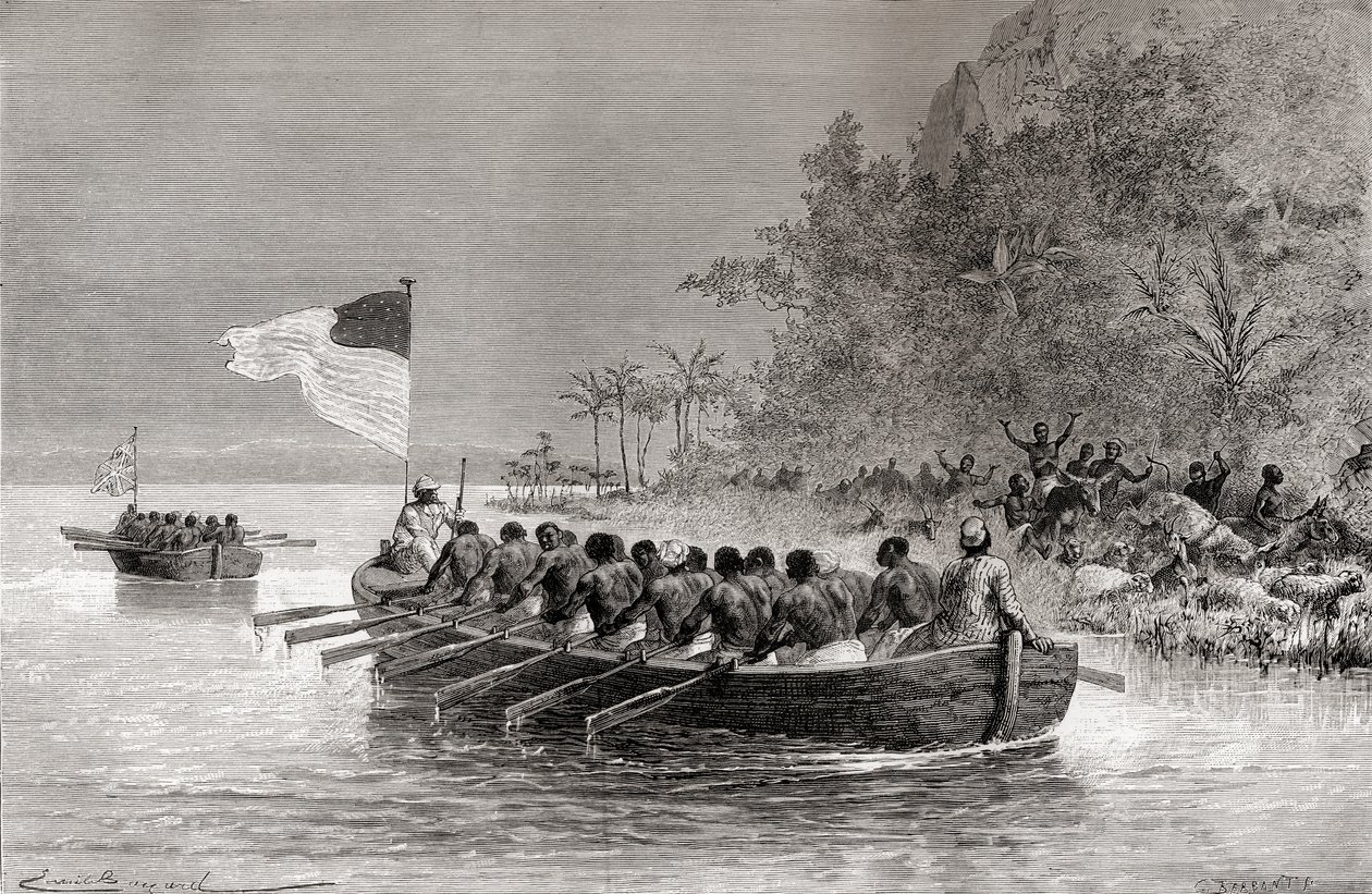 Dr. David Livingstone v první lodi, plující pod anglickou vlajkou, a Henry Morton Stanley ve druhé lodi, plující pod americkou vlajkou, během jejich expedice v Africe v roce 1872, ilustrace z 