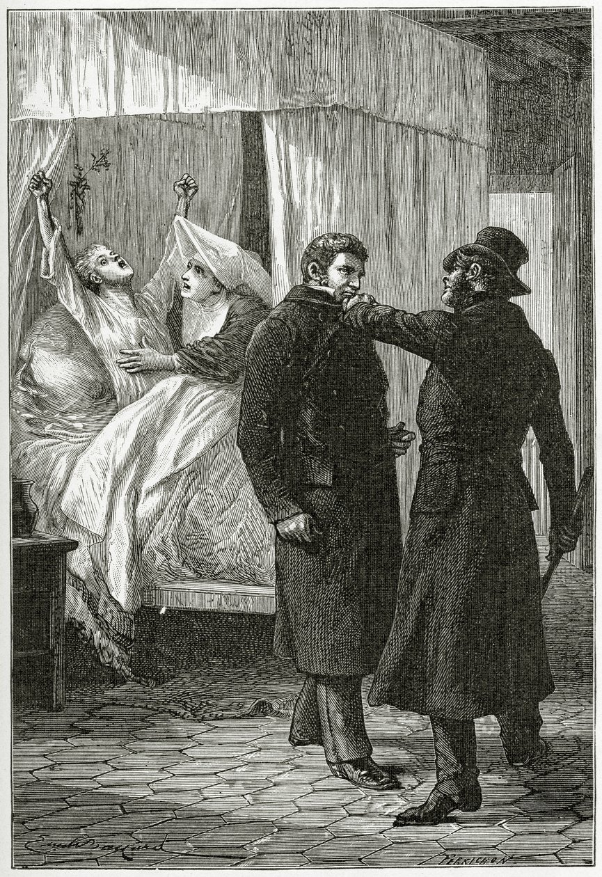 La mort de Fantine - Ilustrace z Les Misérables, 19. století (č. rytina) od Emile Antoine Bayard