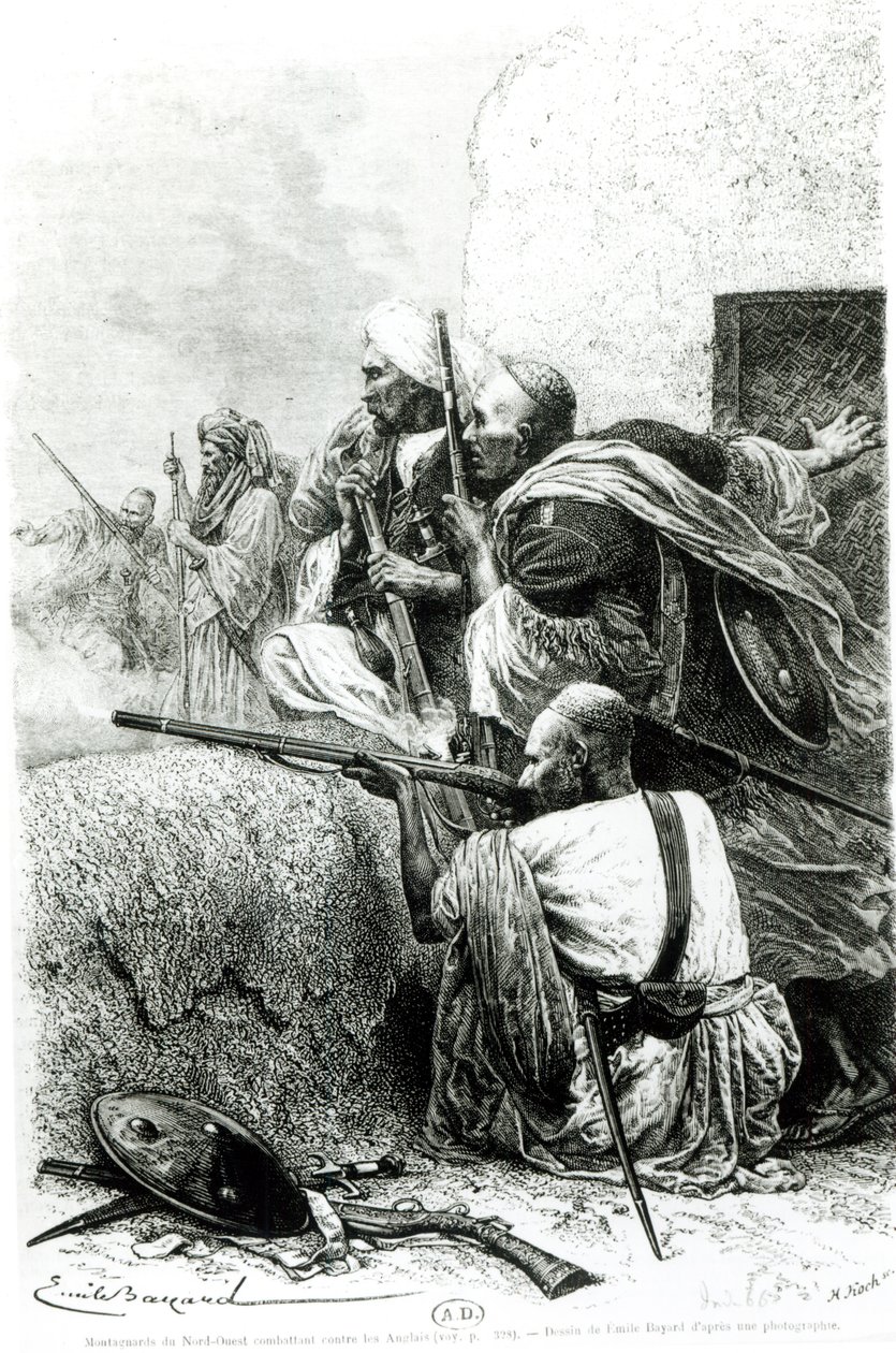 Severozápadní afghánské horské jednotky bojující proti Britům, vyryto H. Kochem od Emile Antoine Bayard