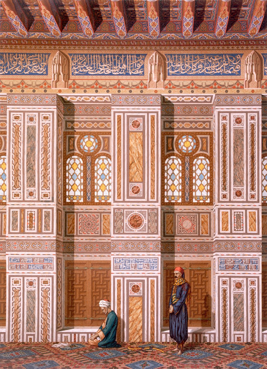 Káhira: Interiér mešity Qaitbay; věřící se modlí u boční stěny Mihrabu c15., 19. století (chromolitho) od Emile Prisse d