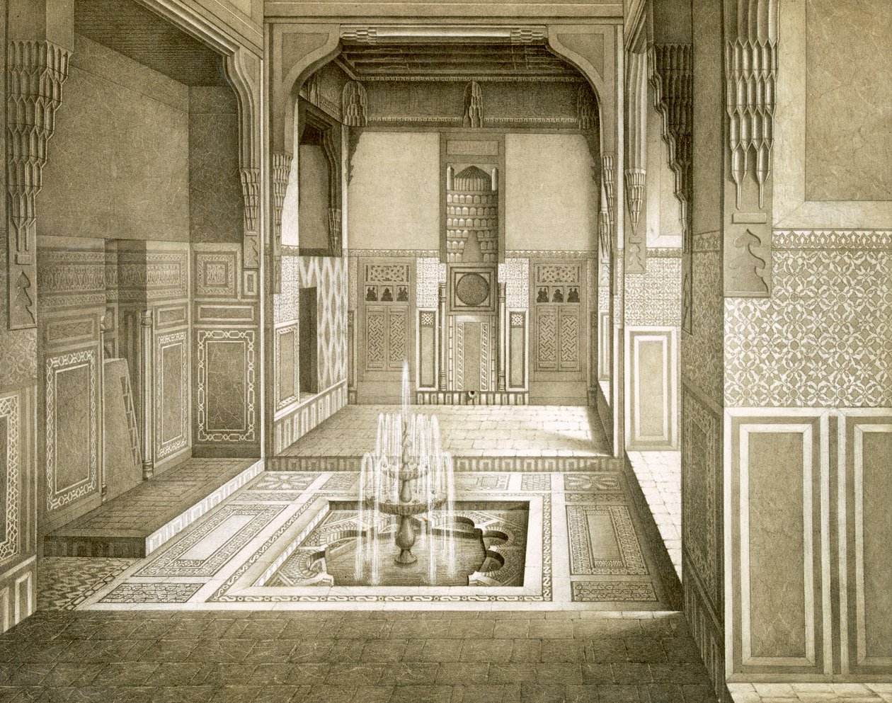 Káhira: Mandarah: Přijímací místnost, přízemí, s bazénem a fontánou, 19. století od Emile Prisse d