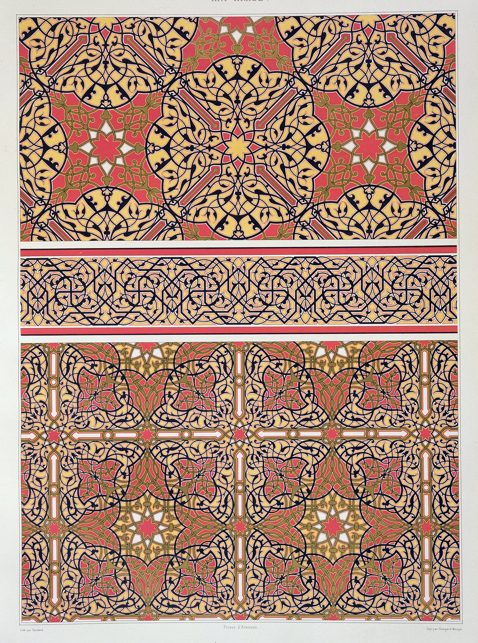 Stropní arabesky z mešity El-Bordeyny, z „Arabského umění viděného prostřednictvím památek Káhiry od 7. století do konce 18. století“, vyryté Painlevem, vydáno 1877 (sl. od Emile Prisse d