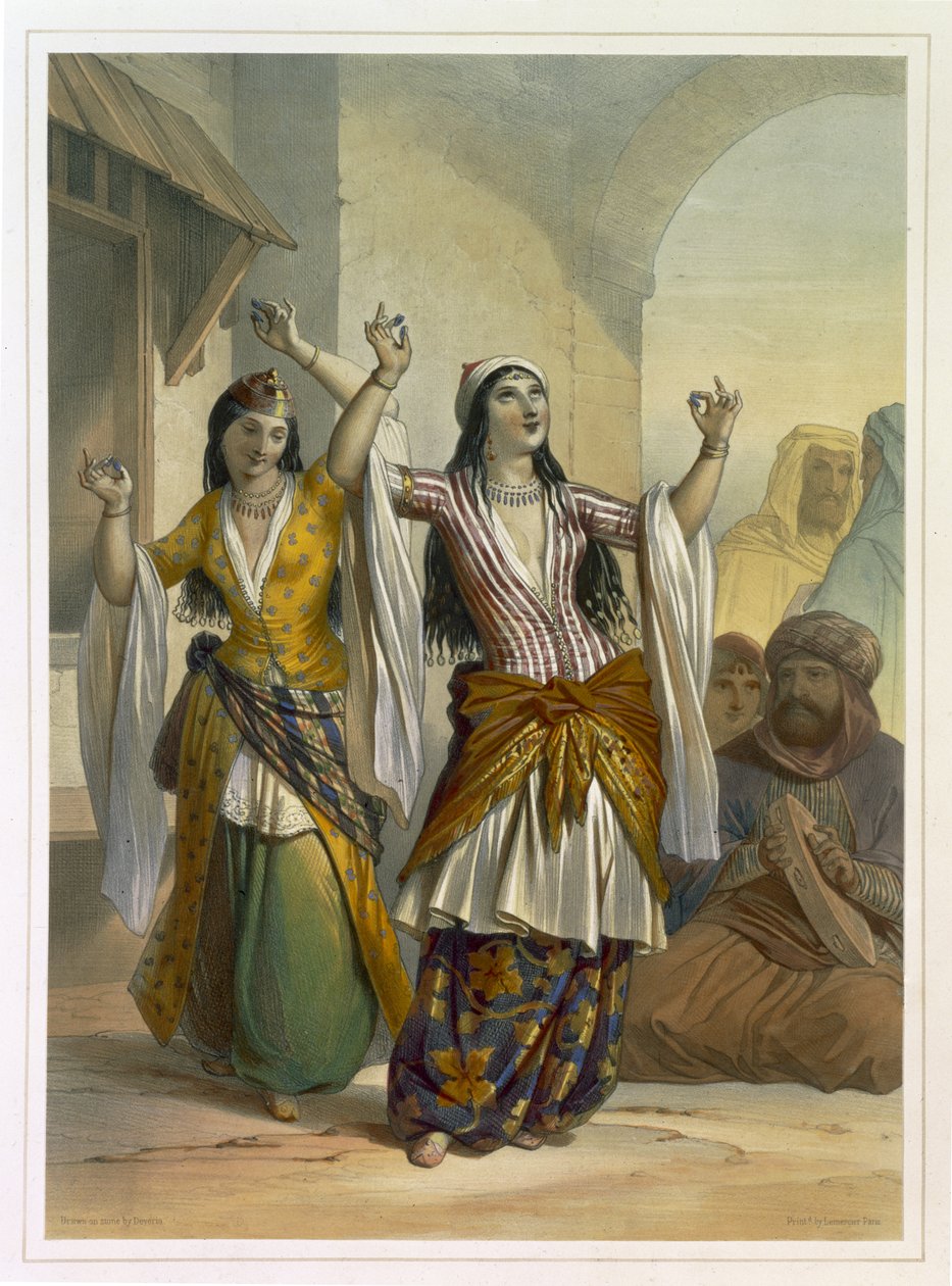 Egyptské tančící dívky předvádějící Ghawazi v Rosettě, ilustrace z 