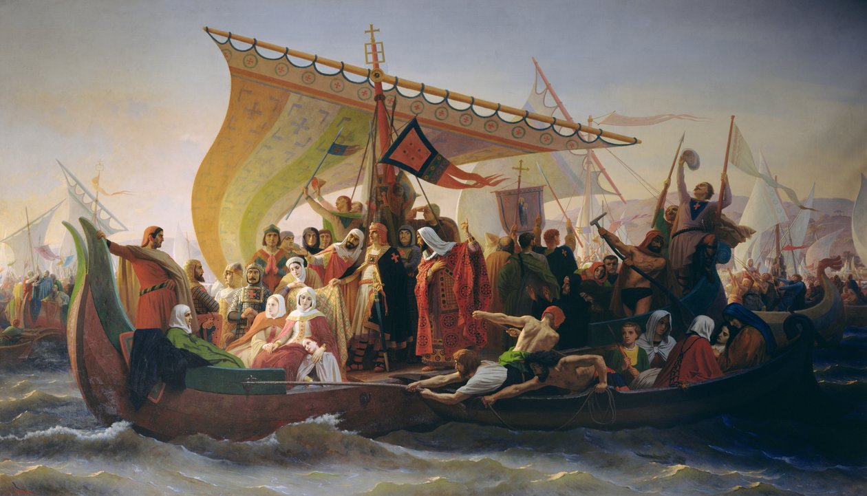 Přeplutí Bosporu Godfreym z Bouillonu (asi 1060-1100) a jeho bratrem Baldwinem v roce 1097, 1854 od Emile Signol