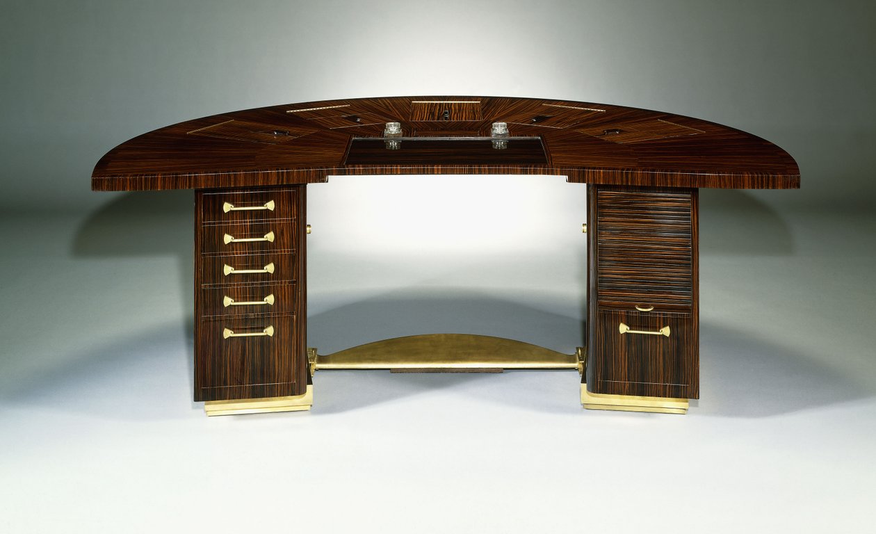 Pěkný a důležitý psací stůl, kolem roku 1929 (demi-lune design, ebene de Macassar a pozlacený bronz) od Émile Jacques Ruhlmann