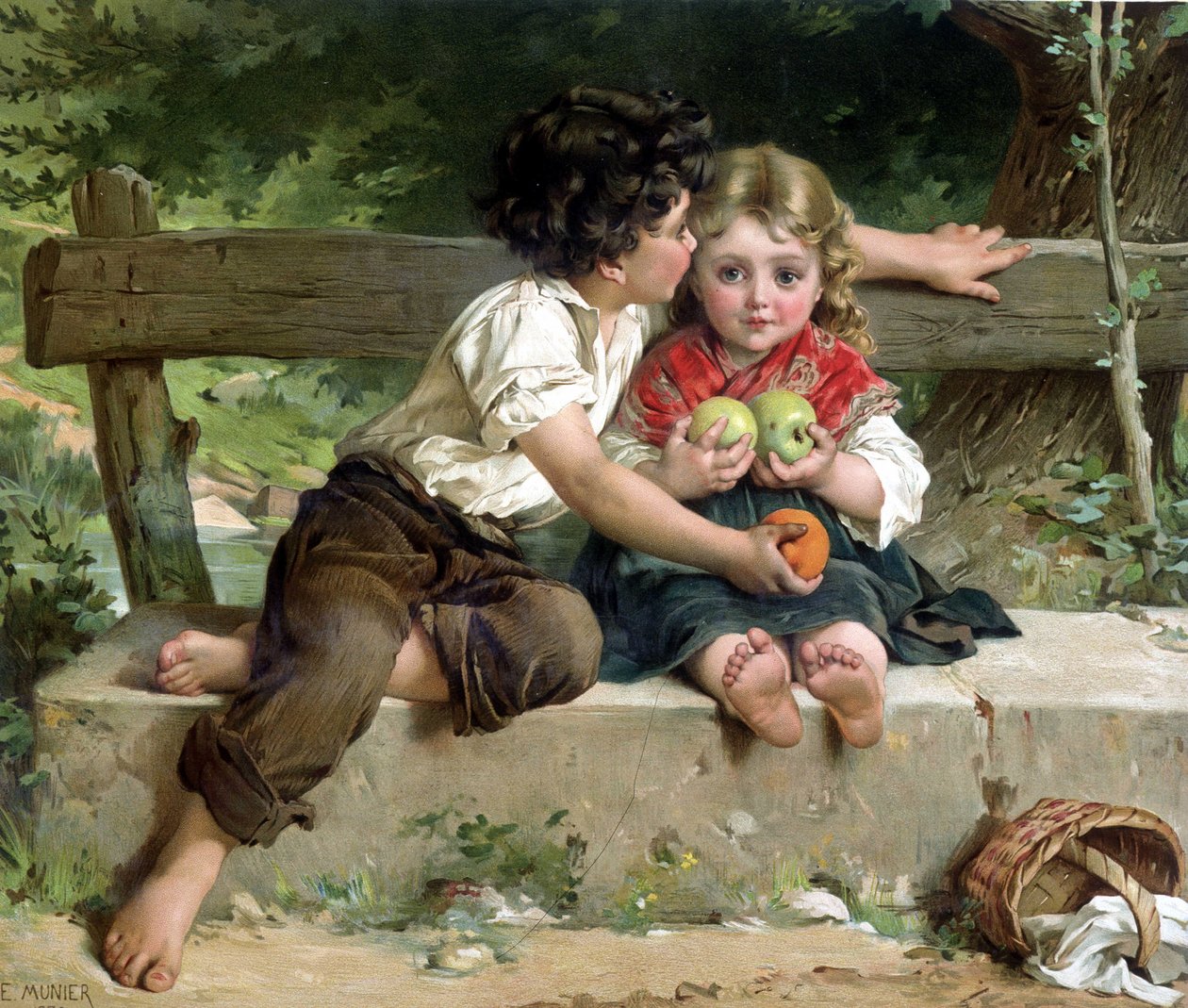 Chlapec líbá dívku a dává jí jablka, podle E. Muniera od Émile (after) Munier