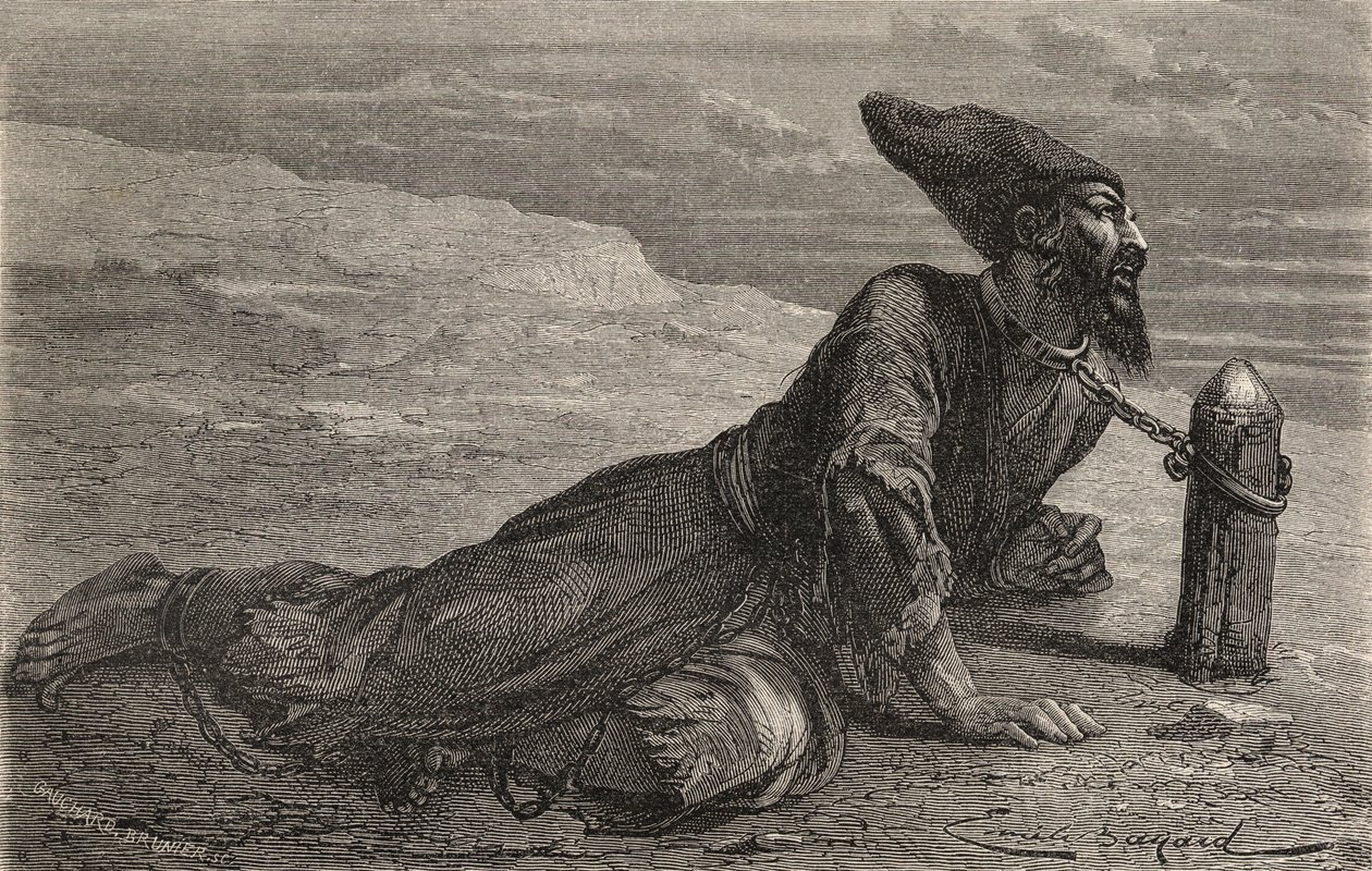 Perský otrok držený v zajetí v Turecku, ilustrace ze „Světa v rukou“, vyrytý Gauchardem-Brunierem, vydáno 1878 (rytina) od Emile Antoine (after) Bayard