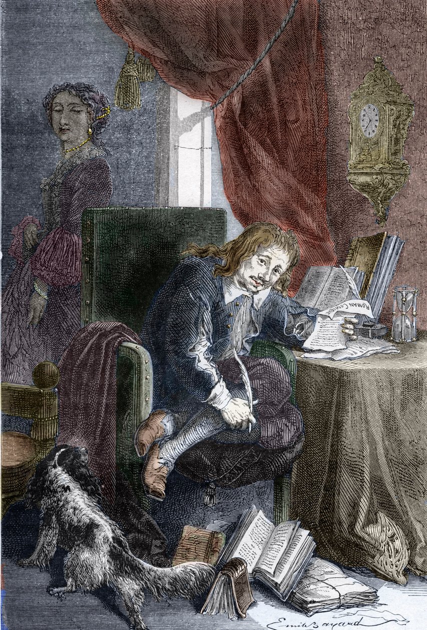 Portrét francouzského spisovatele Paula Scarrona (1610-1660), autora burleskních komedií, je zastoupen na invalidním křesle, ve stínu za ním stojí jeho manželka Francoise d