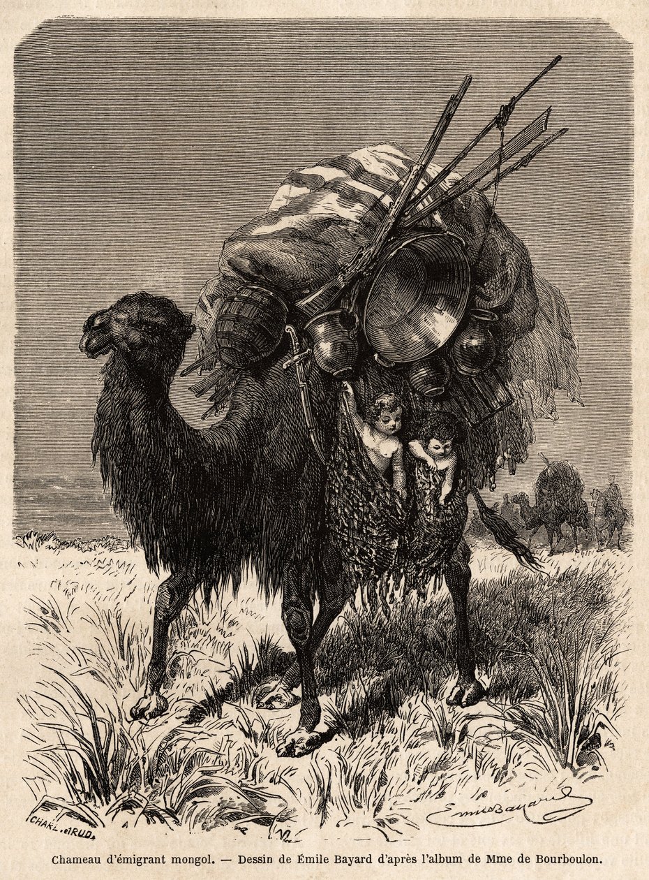 Mongolský emigrant velbloud, nesoucí proviant, různé náčiní, koberce, deky a dřevo konstrukce stanu a také malé děti v závěsných koších. Kresba Emila Bayarda (1837-1891), pro ilustraci cesty ze Šanghaje do Moskvy, z roku 1859 od Emile Antoine Bayard