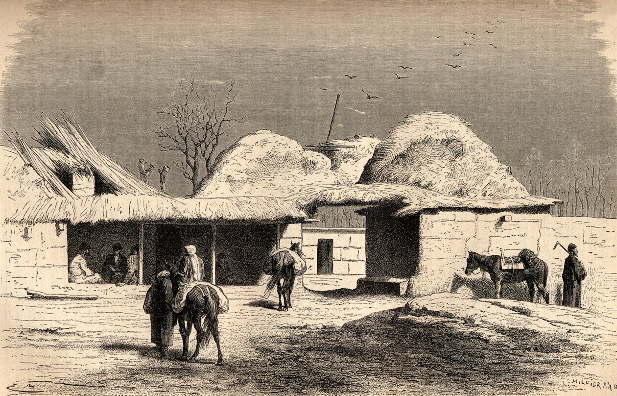 Karavanserai v Taškentu, Uzbekistán, ilustrace ze „Světa v rukou“, vyrytý Charlesem Laplantem († 1903), vydáno 1878 (rytina) od Emile Antoine Bayard