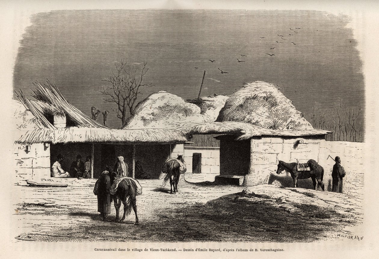 Karavanová dráha ve vesnici Starý Taškent (nebo Taškend), hlavním městě ruského Turkestánu, vyrytá podle kresby Emila Bayarda pro ilustraci cesty Basile Vereschagina do Střední Asie v letech 1867-1868, publikovaná v „Le tour du monde“ 1873, upraveno sbohem od Emile Antoine Bayard