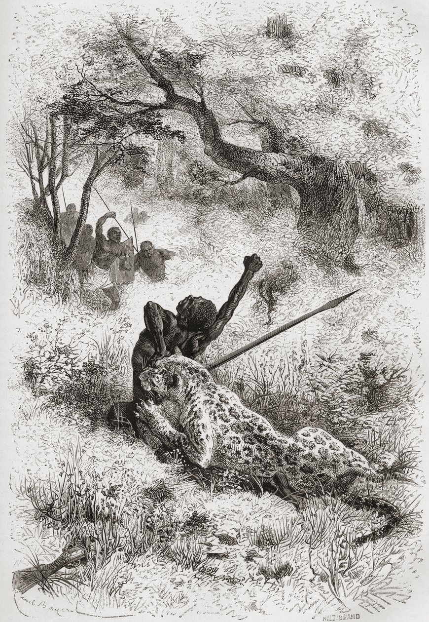 Leopard útočící na Afričana, ilustrace z knihy "Svět v rukou", vyryl Henri Theophile Hildibrand (1824-97), vydáno 1878. od Emile Antoine Bayard