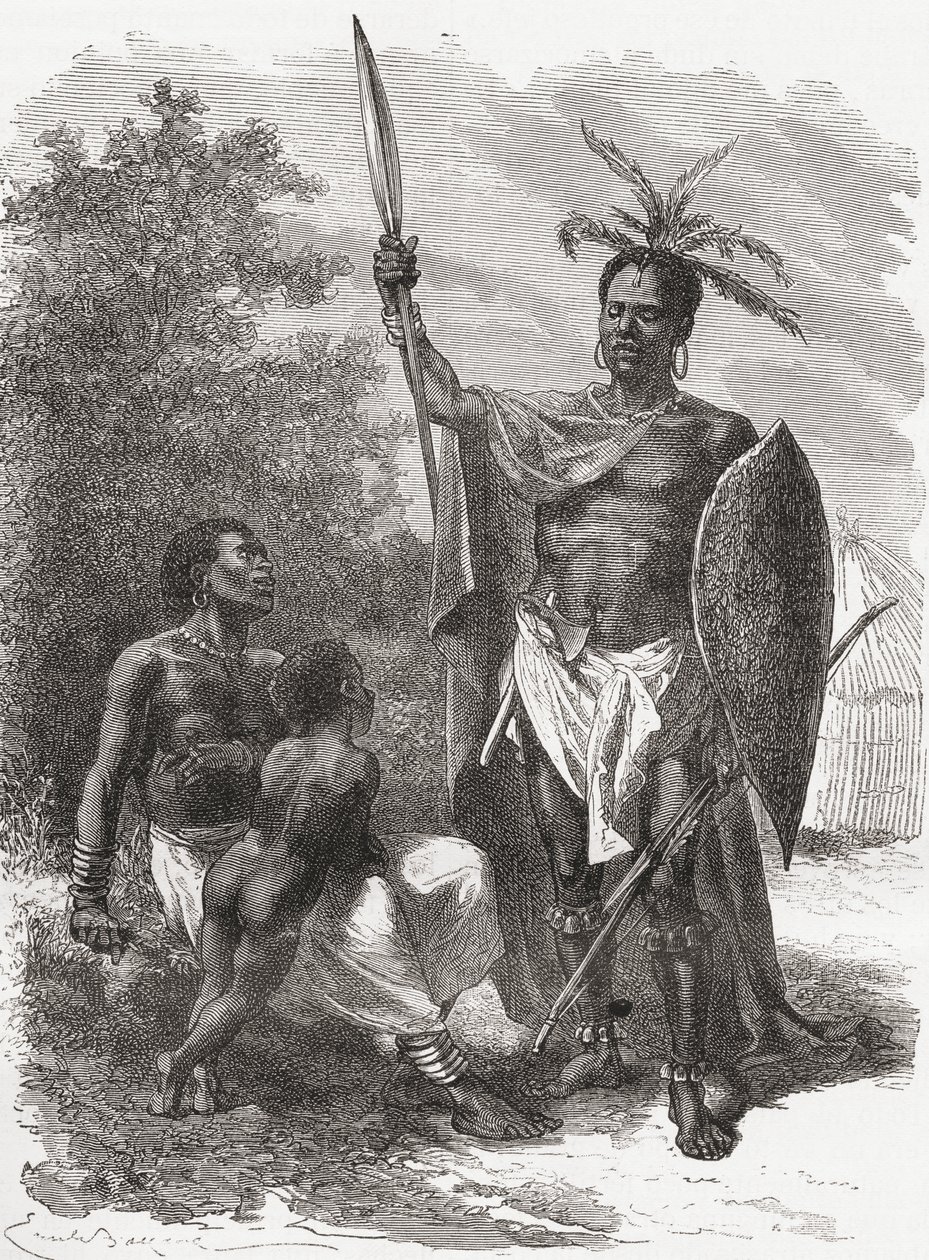 Rodák z Ougogo ve střední Africe ve válečných šatech, ilustrace z „The World in the Hands“, vydáno 1878 od Emile Antoine Bayard