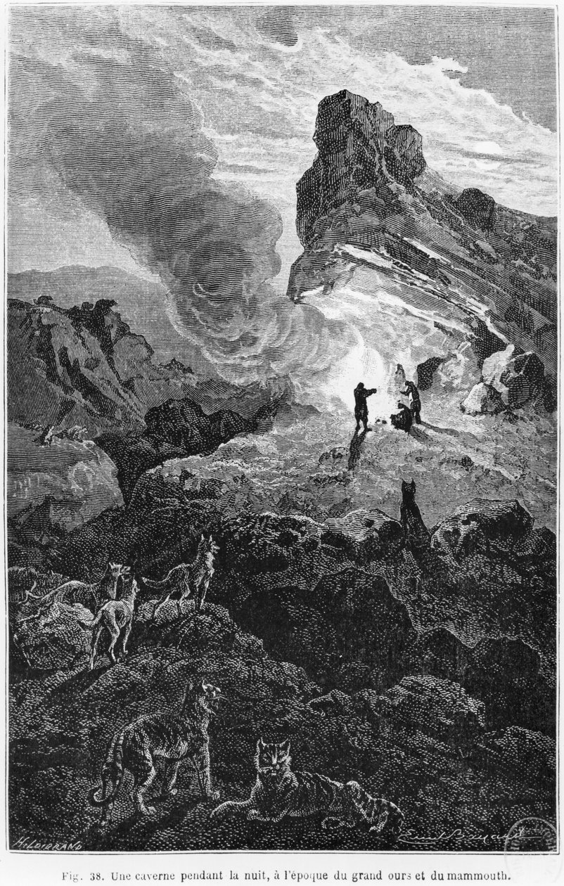 Prehistorická jeskyně v noci, ilustrace z 