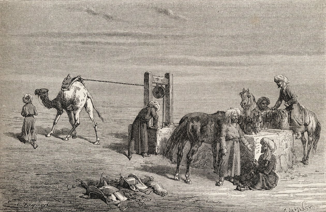 Studna v poušti mezi Samarkandem a Karshi, Uzbekistán, ilustrace z 