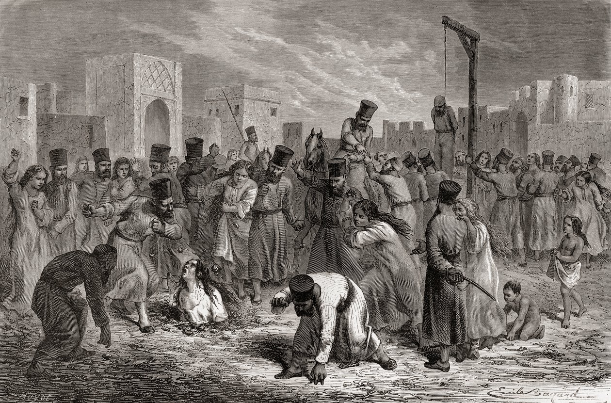 Kamenování a věšení cizoložníků v Turecku, ilustrace ze „Světa v rukou“, vyrytý Huyot, vydáno 1878 od Emile Antoine Bayard