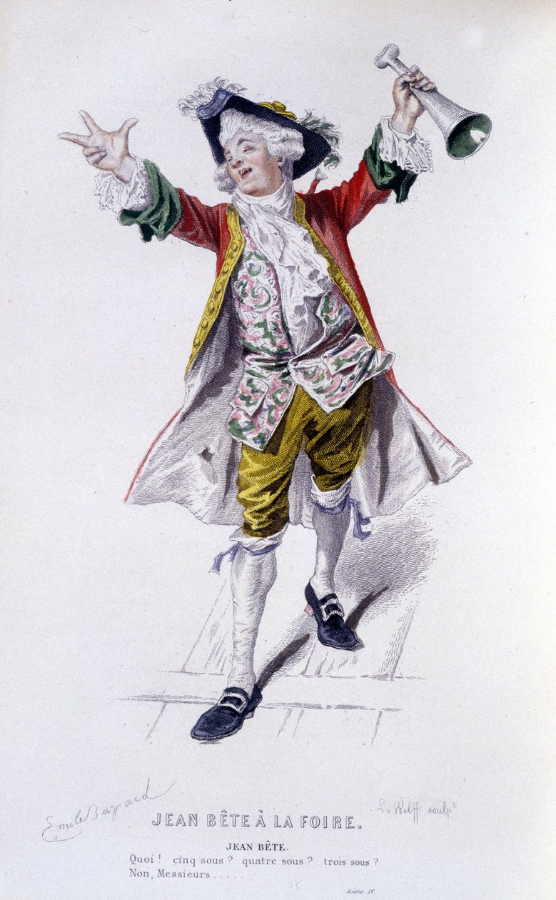 , Kompletní dílo Beaumarchaise (1732-1799) od Edouarda Fourniera. kresba Emile Bayard. Ed. Laplace, Sanchez et Cie, Paříž 1876. Toto je Jean Beast v „“ Jean Beast na veletrhu““ od Emile Antoine Bayard