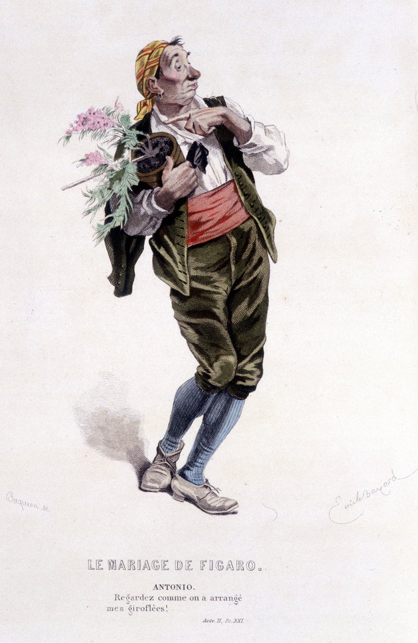 Kompletní dílo Beaumarchaise (1732-1799) od Edouarda Fourniera. kresba Emile Bayard. Ed. Laplace, Sanchez et Cie, Paříž 1876. Toto je Antonio ve „Figarově svatbě““ od Emile Antoine Bayard