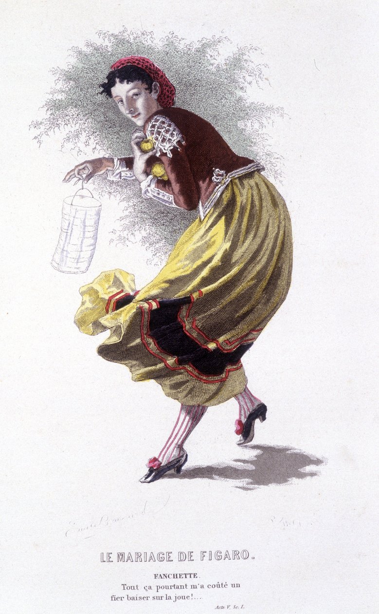 Kompletní dílo Beaumarchaise (1732-1799) od Edouarda Fourniera. kresba Emile Bayard. Ed. Laplace, Sanchez et Cie, Paříž 1876. Toto je Fanchette ve „Figarově svatbě“ od Emile Antoine Bayard