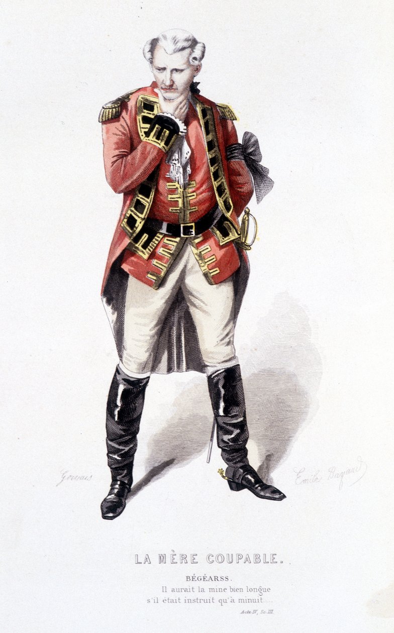 Kompletní dílo Beaumarchaise (1732-1799) od Edouarda Fourniera. kresba Emile Bayard. Ed. Laplace, Sanchez et Cie, Paříž 1876. Toto je Begearss ve filmu „Provinilá matka“ od Emile Antoine Bayard