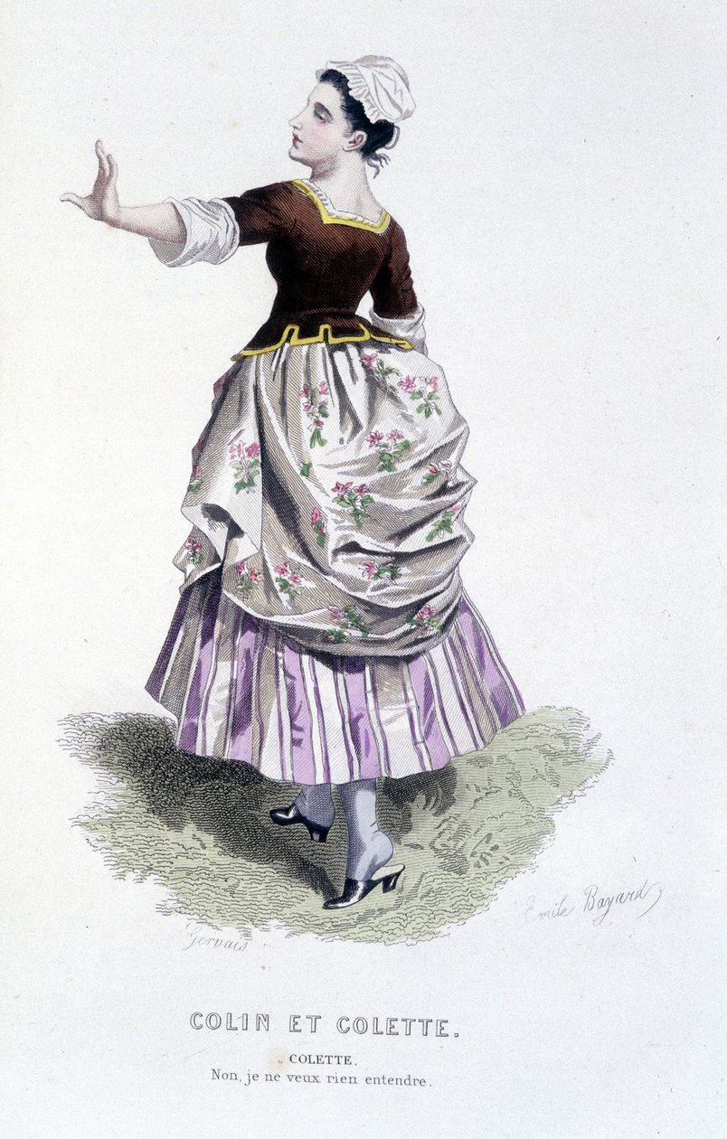 Kompletní dílo Beaumarchaise (1732-1799) od Edouarda Fourniera. kresba Emile Bayard. Ed. Laplace, Sanchez et Cie, Paříž 1876. Toto je Colette ve filmu „Colin a Colette“ od Emile Antoine Bayard