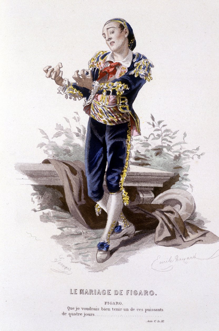Kompletní dílo Beaumarchaise (1732-1799) od Edouarda Fourniera. kresba Emile Bayard. Ed. Laplace, Sanchez et Cie, Paříž 1876. Toto je Figaro ve „Figarově svatbě““ od Emile Antoine Bayard