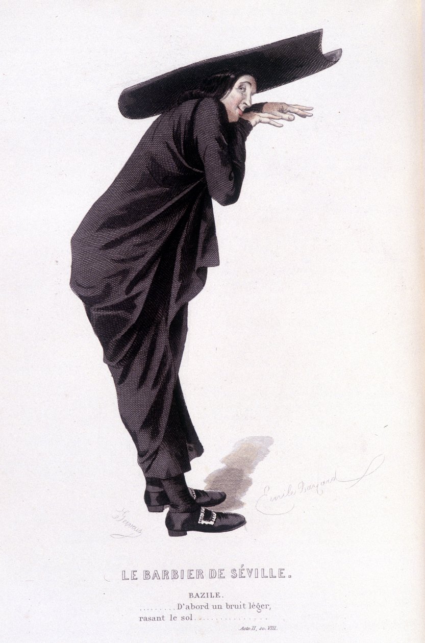 Kompletní dílo Beaumarchaise (1732-1799) od Edouarda Fourniera. kresba Emile Bayard. Ed. Laplace, Sanchez et Cie, Paříž 1876. Toto je Bazile ve filmu „Lazebník sevillský“ od Emile Antoine Bayard