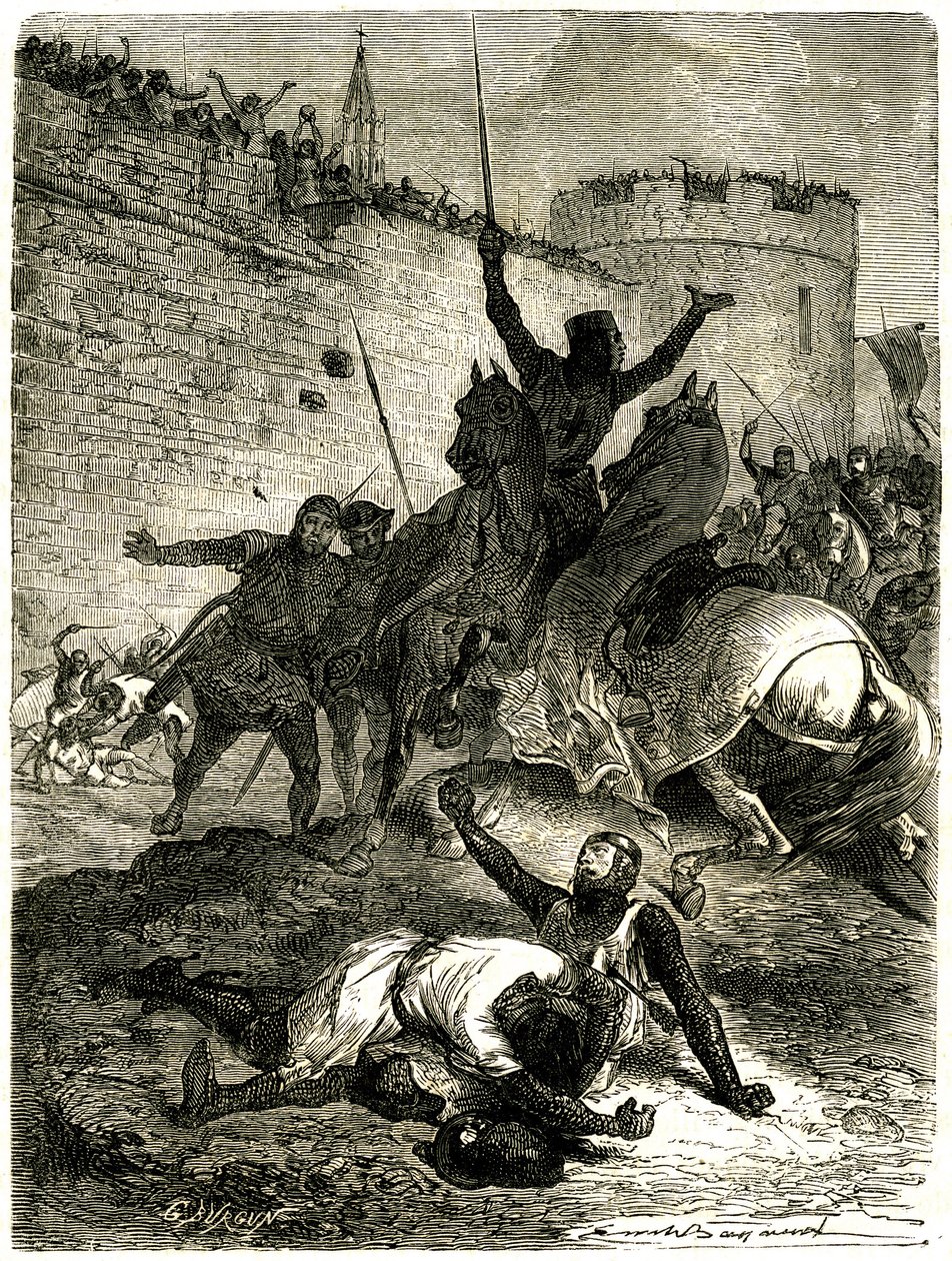 Křížová výprava proti Albigeois – obležení Toulouse, 25. června 1218. Bratr Simona de Montfort byl právě zraněn šípem, samotného Simona de Montforta zabije koule hodů katapultem, říká se, jedna z žen z Toulouse, kdo je od Emile Antoine Bayard