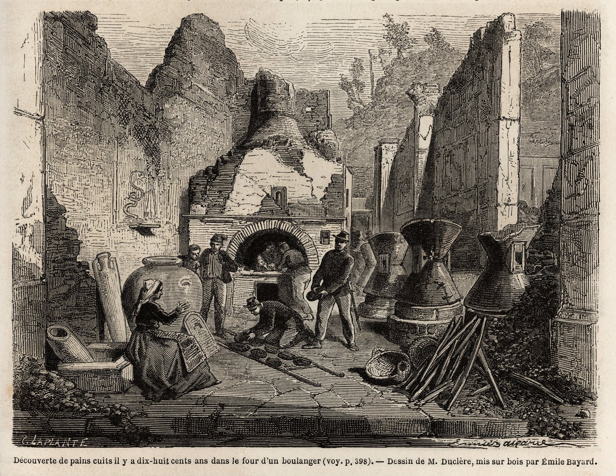 Objeveno pekařskou pecí a konzervovaný chléb v popelu během vykopávek v Pompejích v roce 1864, kresba Emila Bayarda (1837-1891), pro ilustraci textu Marca Monniera (1829-1885) „“Pompeje a Pompeje””. Rytina v „“ Le tour du monde““, editoval od Emile Antoine Bayard