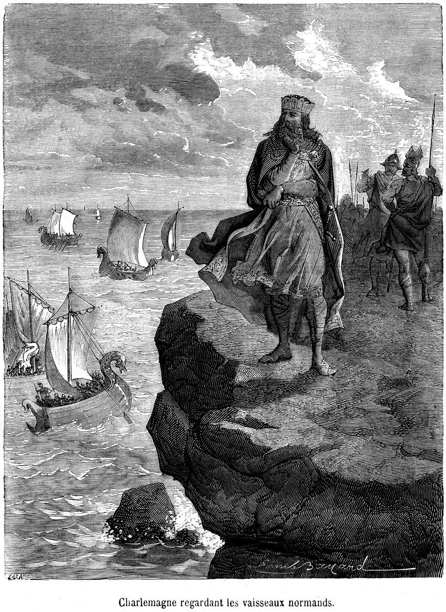 Císař Karel Veliký sleduje příjezd normanských lodí na francouzské pobřeží - Vikingské lodě a válečníci - drakkar, skandinávská navigace, severská invaze - rytina Emile Bayard ilustrující „Historie lidové Francie od Henri Martina od Emile Antoine Bayard