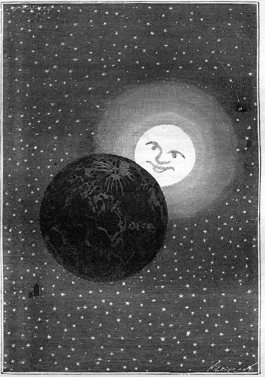 Rytina (od Emila Bayarda) knihy Julese Verna „Around the Moon““ (vydání Hetzel/Voyages extraordinaire 1870): Země procházející kolem Měsíce od Emile Antoine Bayard