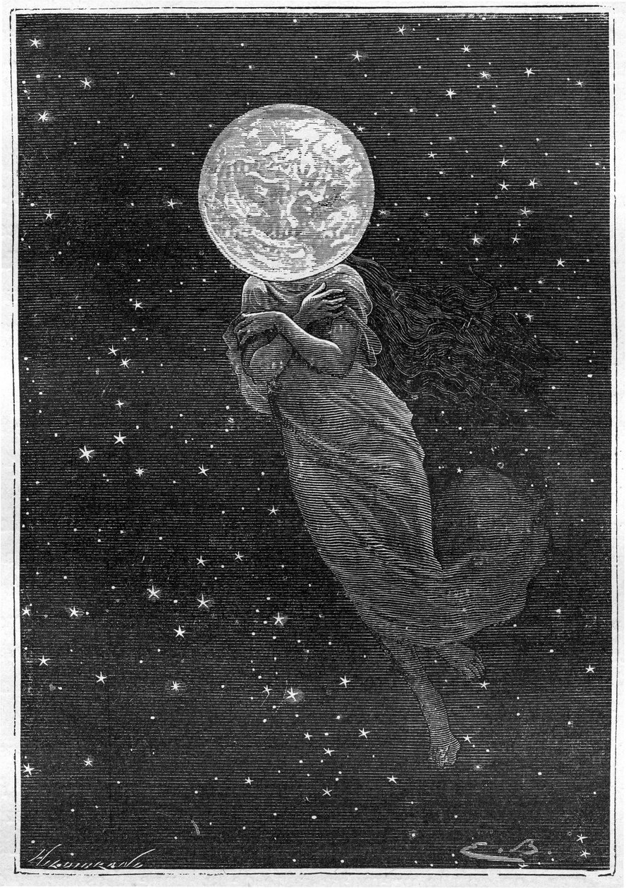 Rytina (od Emila Bayarda) knihy Julese Verna „“Around the Moon““ (vydání Hetzel/Voyages extraordinaire 1870): popis měsíce nakreslený tělem mladé ženy (text J. Verne): „“... plněné povrch, prasklý, skutečný skimmer, hodný u od Emile Antoine Bayard