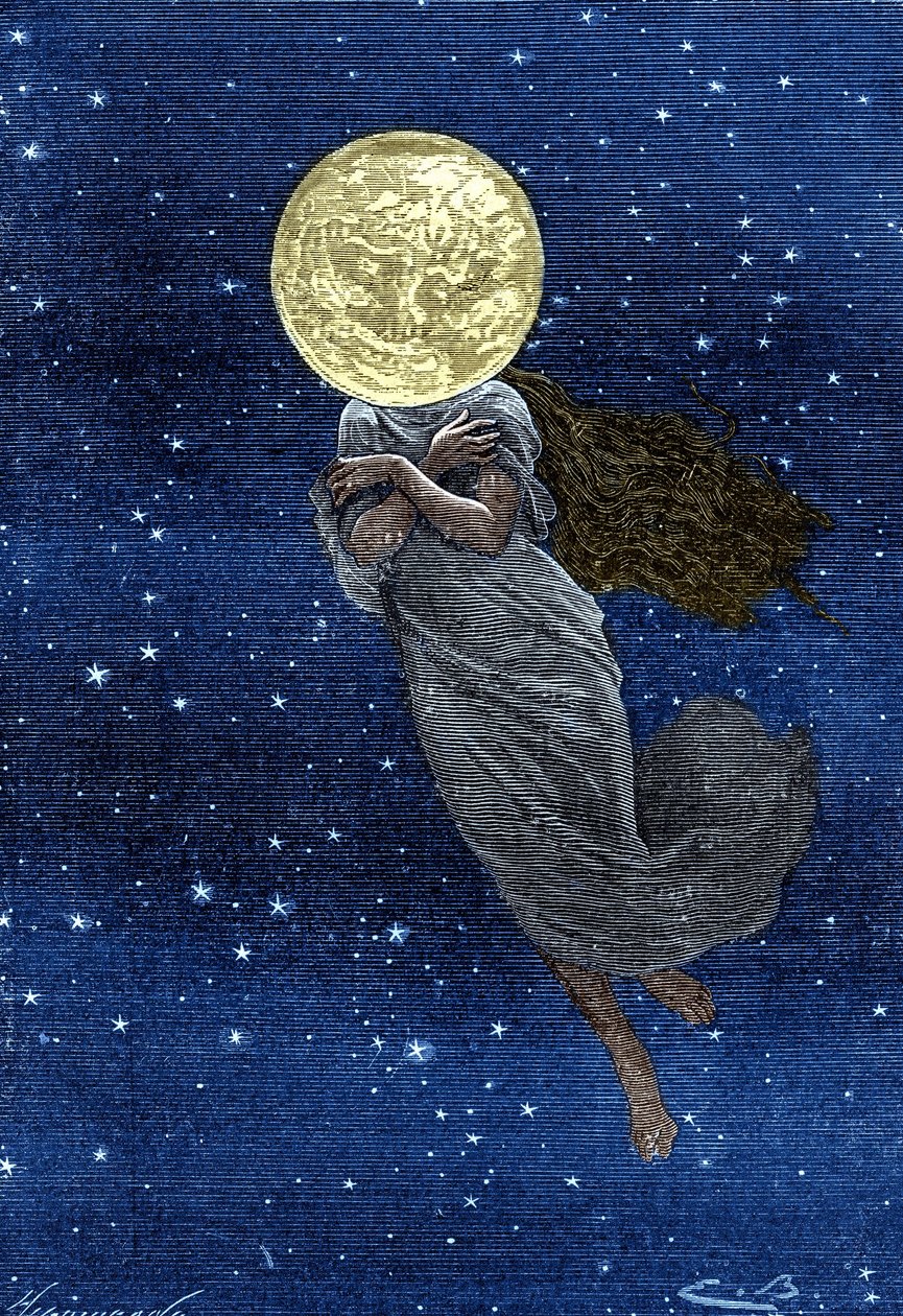 Rytina (od Emila Bayarda) knihy Julese Verna „“Around the Moon““ (vydání Hetzel/Voyages extraordinaire 1870): Popis měsíce nakresleného s tělem mladé ženy (text J. Verne): „“... plněné povrch, prasklý, skutečný skimmer, hodný u od Emile Antoine Bayard