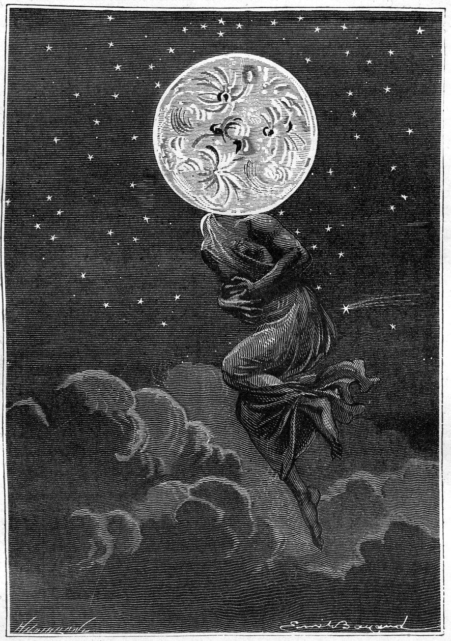 Rytina (autor Emile Bayard) z knihy Julese Verna Cesta kolem Měsíce (Hetzelovo vydání/Voyages extraordinaire 1870): "Měsíc personifikovaný tělem mladé ženy... trpící kolikou! " od Emile Antoine Bayard