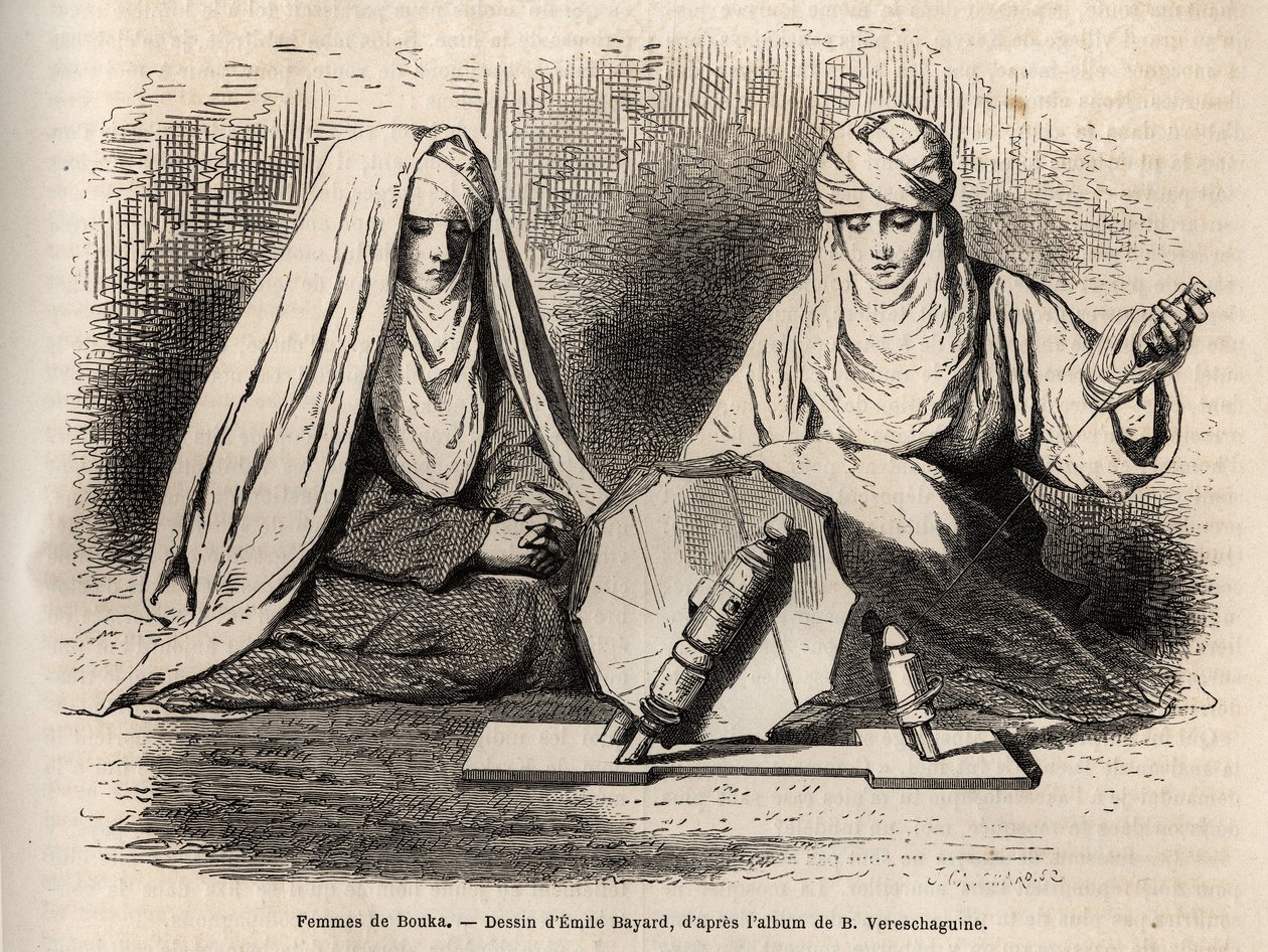 Femmes de Boukhara (Uzbekistán), pracující na svém díle, aby se spřádaly, rytina podle kresby Emila Bayarda, aby ilustrovala cestu Basile Vereschaguine do Střední Asie v letech 1867-1868, publikovaná v „“Le tour du monde““ 1873, editoval Edouard Charton, H od Emile Antoine Bayard