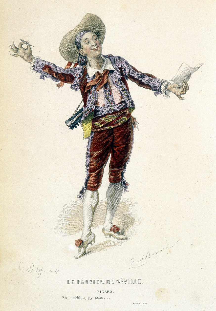 Figaro v „Lazebník sevillský“ v „Oeuvres Completes de Beaumarchais“, ed. Laplace Sanchez & cie, Paříž od Emile Antoine Bayard