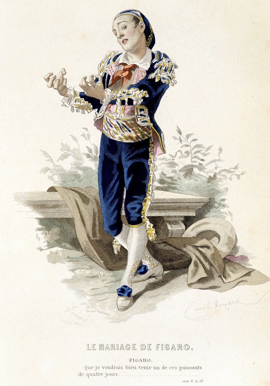 Figaro v „“ Figarově svatbě““ - v „“ Kompletní díla Beaumarchais“, kresby Emile Bayard, ed. Laplace Sanchez & cie, Paříž od Emile Antoine Bayard