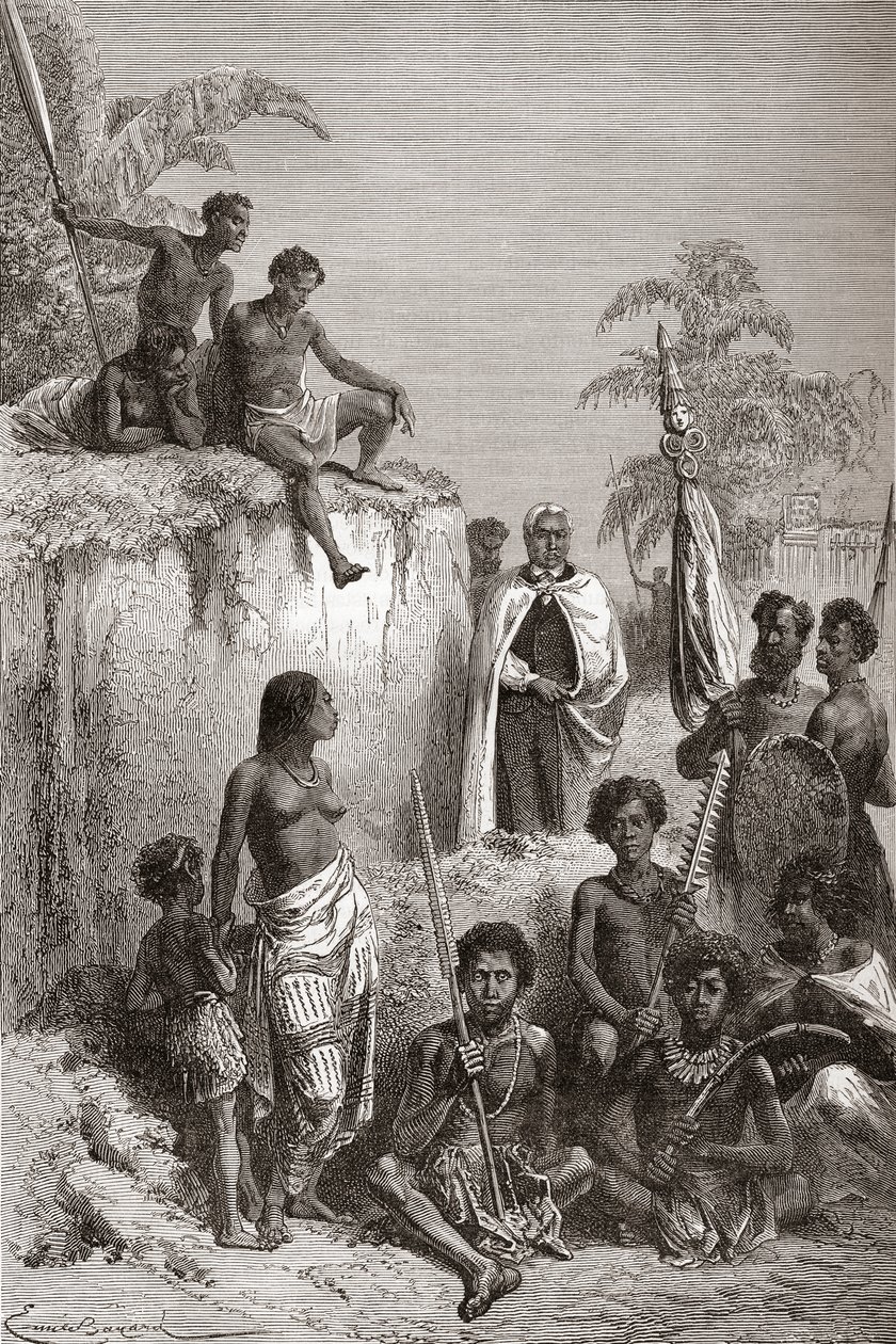 Havajský král Kamehameha I a jeho válečníci, ilustrace z 