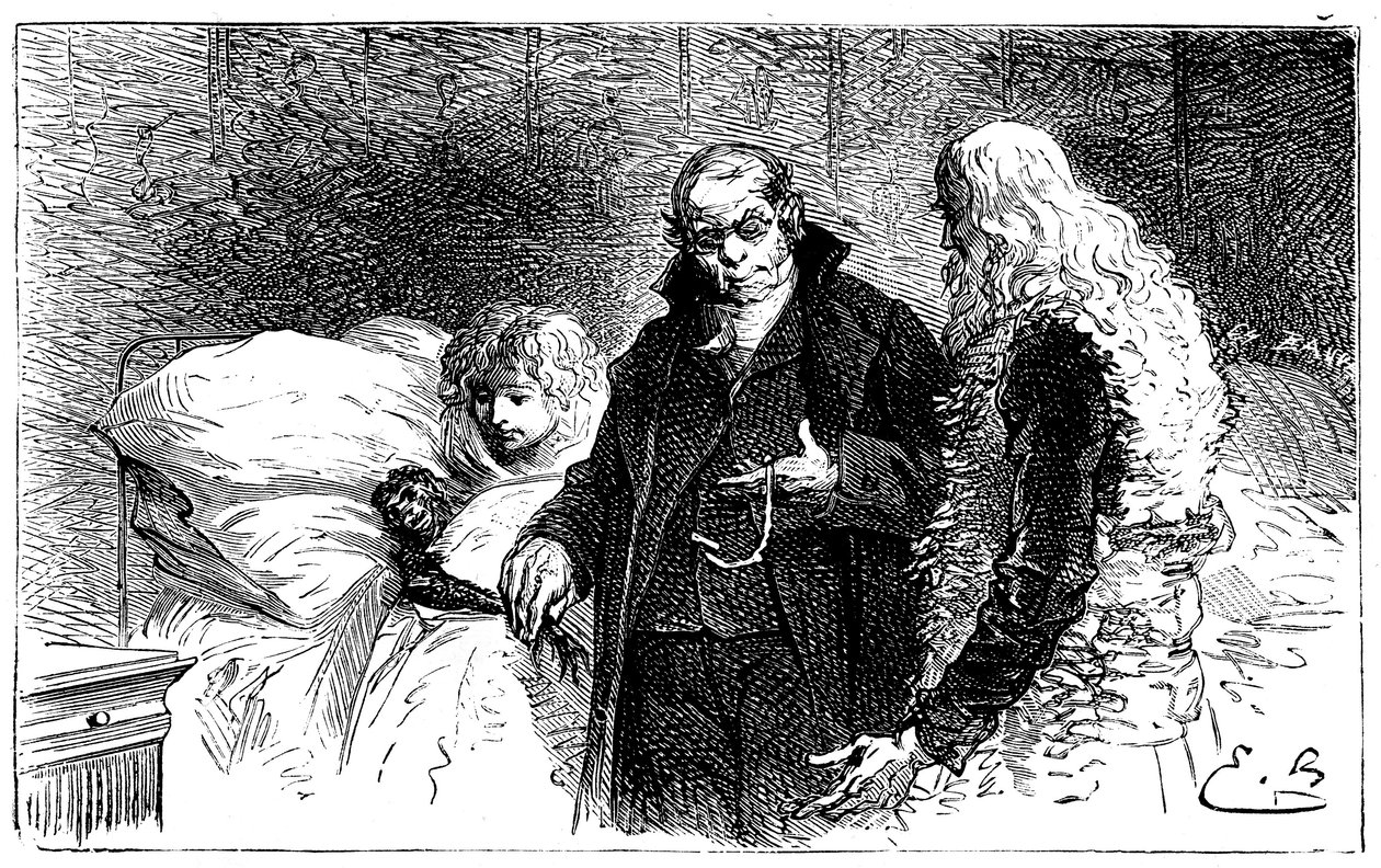 Ilustrace Emile Bayarda k románu Hectora Malota „“ Sans Famille „“: Joli-Coeur (pěkné srdce), nemocná vědecká opice je vyšetřena lékařem (auskultuje lékař, který mu odebere kuře) za přítomnosti Remiho a Monsieur Vitalis - Hetze od Emile Antoine Bayard