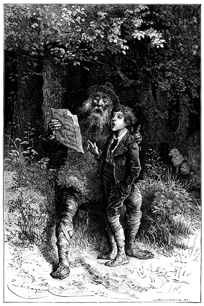 Ilustrace Emila Bayarda k románu Hectora Malota "Sans Famille": Remi zpívá s panem Vitalisem, potulným umělcem - pouličním hudebníkem, saltimbankou - Edition Hetzel 1880 - od Emile Antoine Bayard