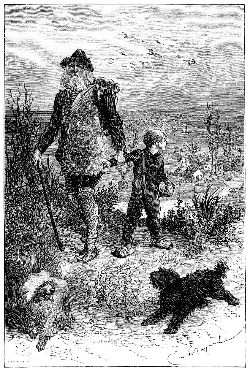 Ilustrace Emile Bayarda k románu Hectora Malota „“ Bez rodiny „“: Remi odchází s Monsieur Vitalisem, cestujícím umělcem a jeho učenými zvířaty, třemi psy Capi, Zerbino a Dolce - Edice Hetzel 1880 - od Emile Antoine Bayard