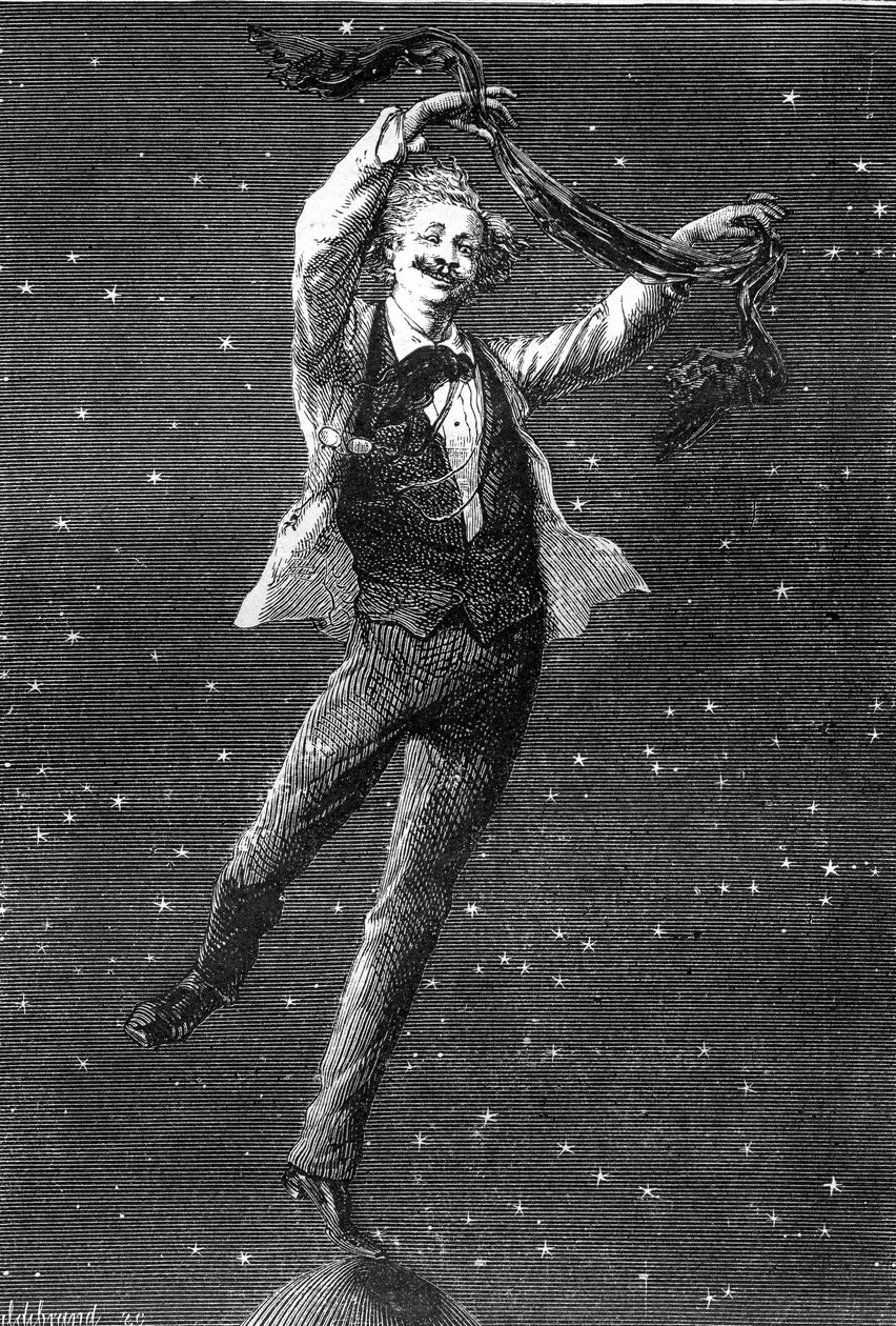 Ilustrace románu Julese Verna „Around the Moon“, kresba Emile Bayard, vydání Hetzel/Voyages extraordinaire 1870. Tato ilustrace zdůrazňuje vztah inspirace mezi dvěma romány „lunar““ od Julese Verna a dvěma alby T. od Emile Antoine Bayard