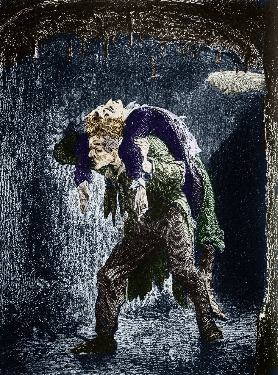 Jean Valjean, Marius zraněný na zádech, prchající ve vodě Paříže Ilustrace románu „Les Miserables“ od Victora Huga (1802-1885) Ilustrace Emile Bayard - (Jean Valjean přivádí Mariuse na zádech skrz stoky Paris) Rytina Pr od Emile Antoine Bayard