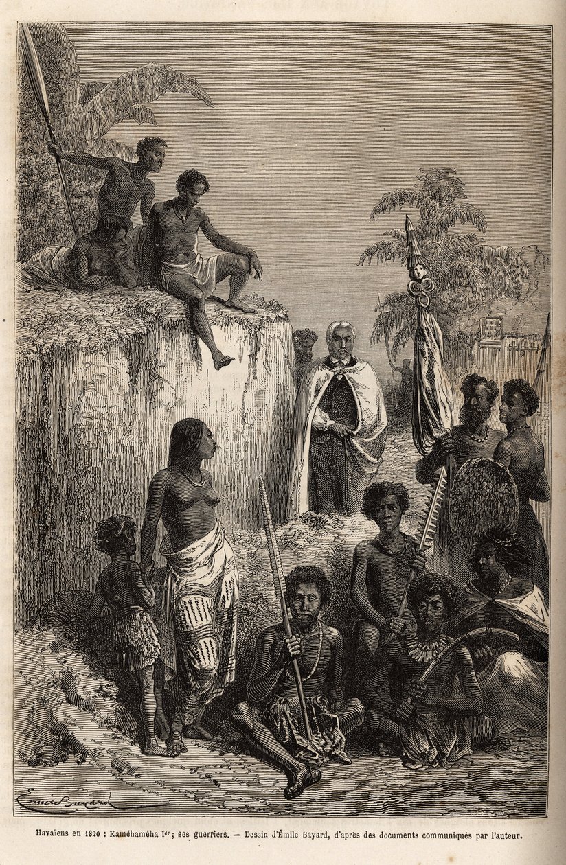 Kamehameha I (asi 1758-1819), král Havajských ostrovů a zakladatel jejich jednotky, obklíčil havajské válečníky a některé poddané v Honolulu, rytina podle kresby Emila Bayarda, ilustrující plavbu na Sandwichovy ostrovy v letech 1855-69 , od C od Emile Antoine Bayard